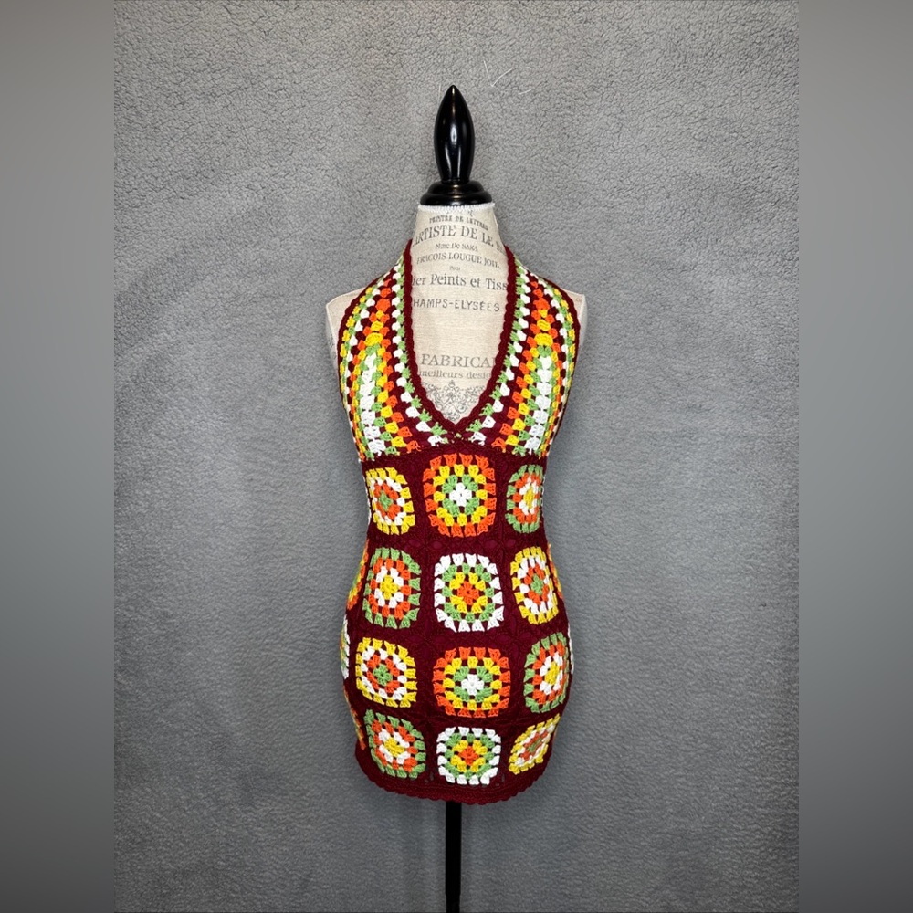 Beginning Boutique Knit Crochet Multicolored Halter Striped Beach Mini 6 S/M NWT